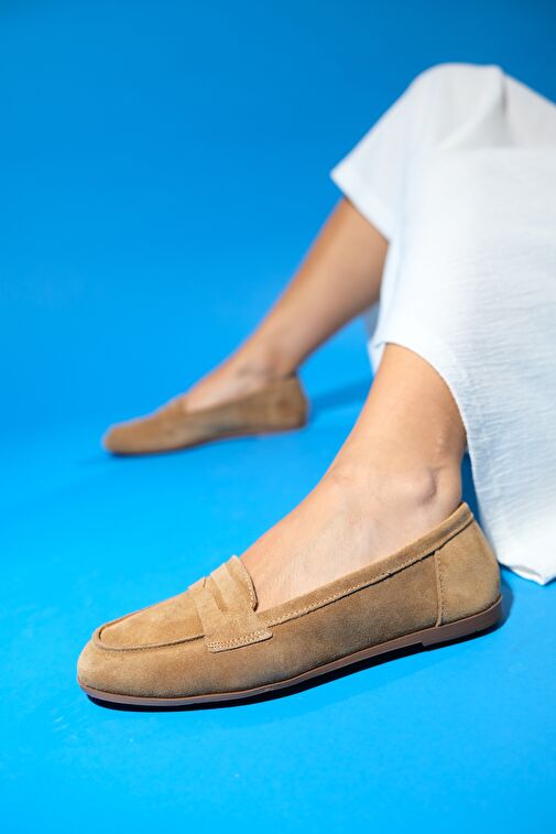 F02 Toprak Süet Hakiki Deri Kadın Loafer Ayakkabı - Görsel 3