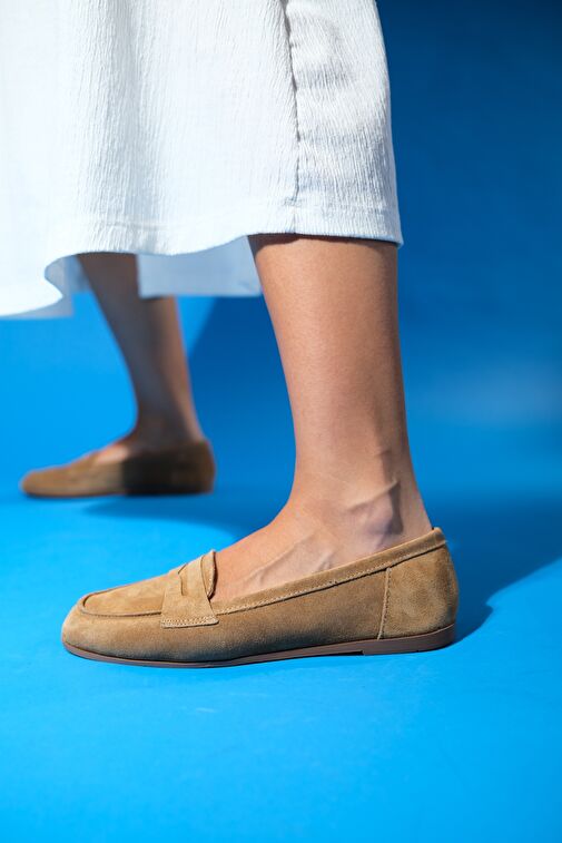 F02 Toprak Süet Hakiki Deri Kadın Loafer Ayakkabı - Görsel 5