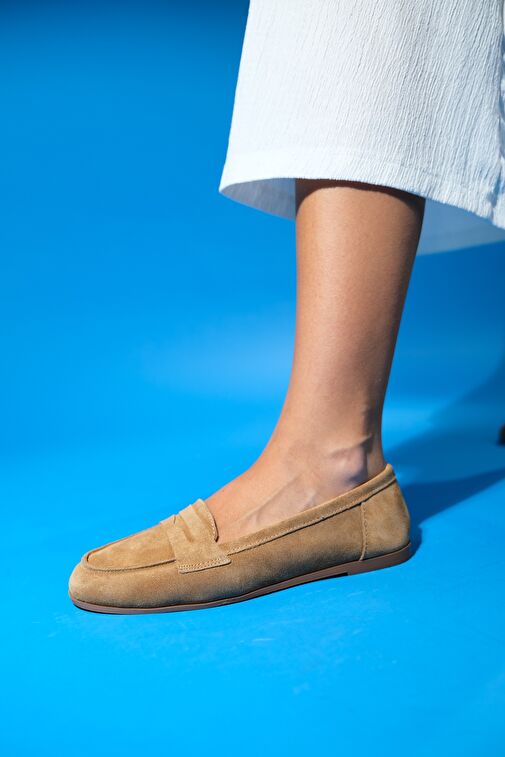 F02 Toprak Süet Hakiki Deri Kadın Loafer Ayakkabı - Görsel 6