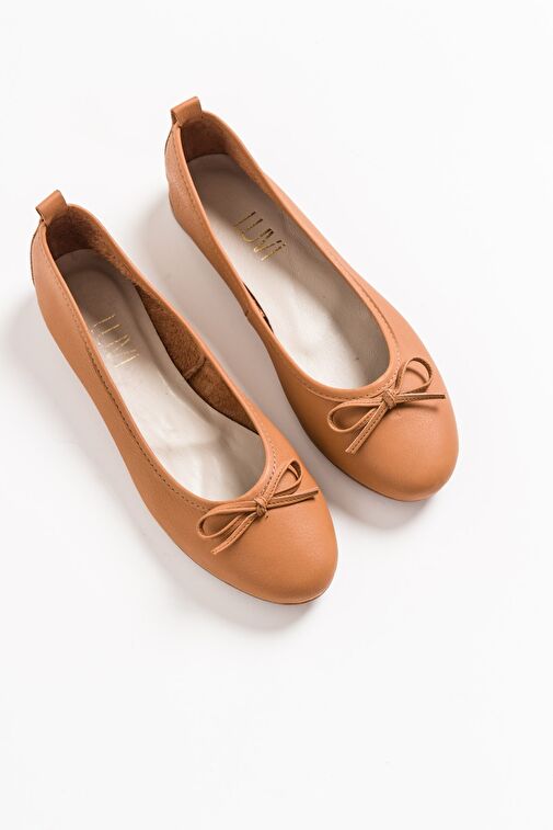 01 Taba Cilt Hakiki Deri Kadın Babet Ayakkabı - Görsel 2