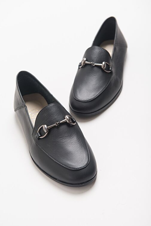 F03 Siyah Cilt Hakiki Deri Kadın Loafer Ayakkabı - Görsel 4