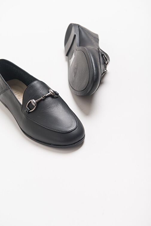 F03 Siyah Cilt Hakiki Deri Kadın Loafer Ayakkabı - Görsel 7