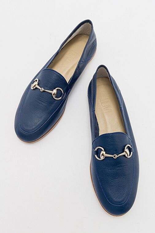 F03 Lacivert Cilt Hakiki Deri Kadın Loafer Ayakkabı - Görsel 4