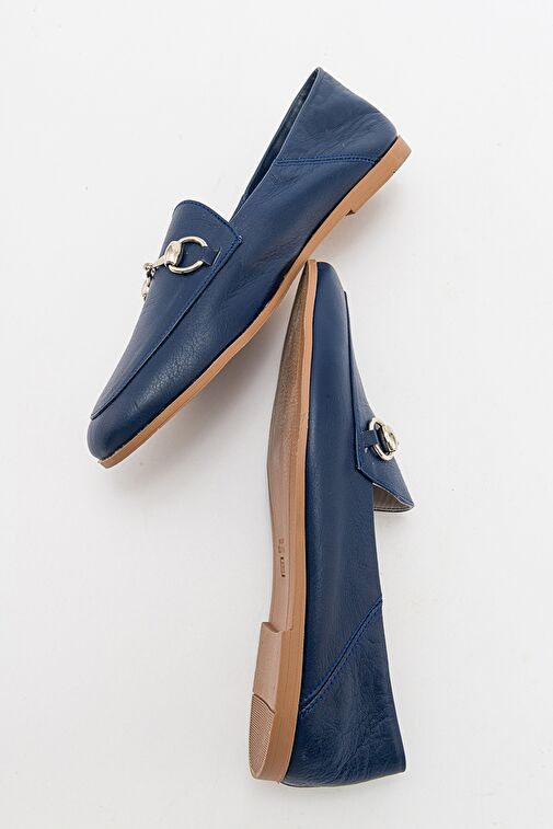 F03 Lacivert Cilt Hakiki Deri Kadın Loafer Ayakkabı - Görsel 5