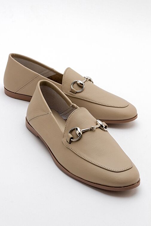 F03 Bisküvi Cilt Hakiki Deri Kadın Loafer Ayakkabı - Görsel 3