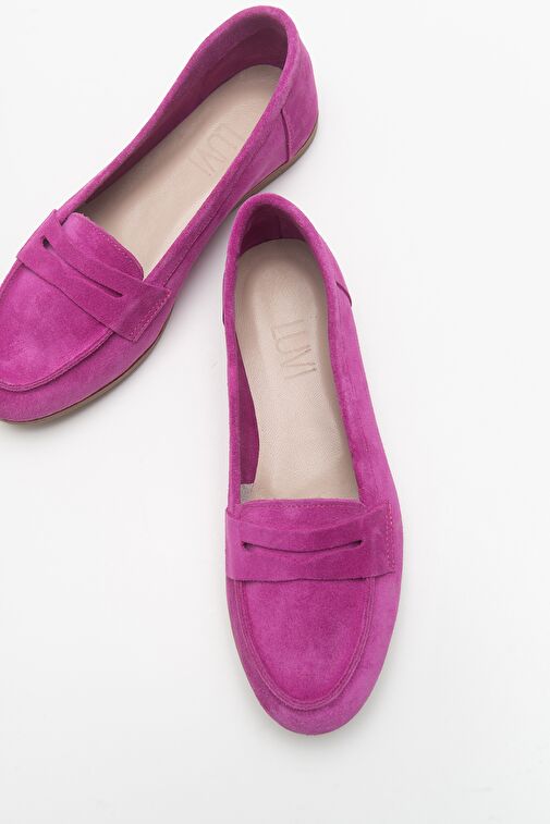 F02 Fuşya Süet Hakiki Deri Kadın Loafer Ayakkabı - Görsel 4