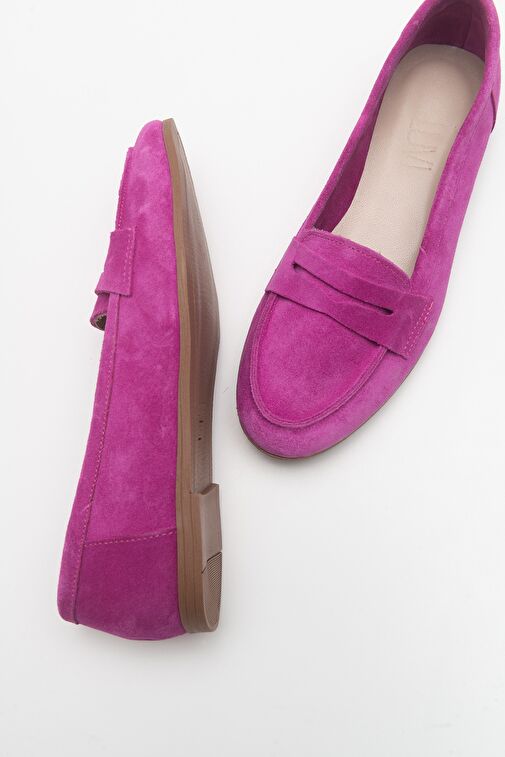 F02 Fuşya Süet Hakiki Deri Kadın Loafer Ayakkabı - Görsel 6