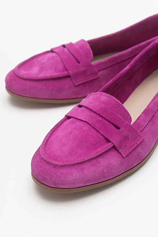 F02 Fuşya Süet Hakiki Deri Kadın Loafer Ayakkabı - Görsel 5