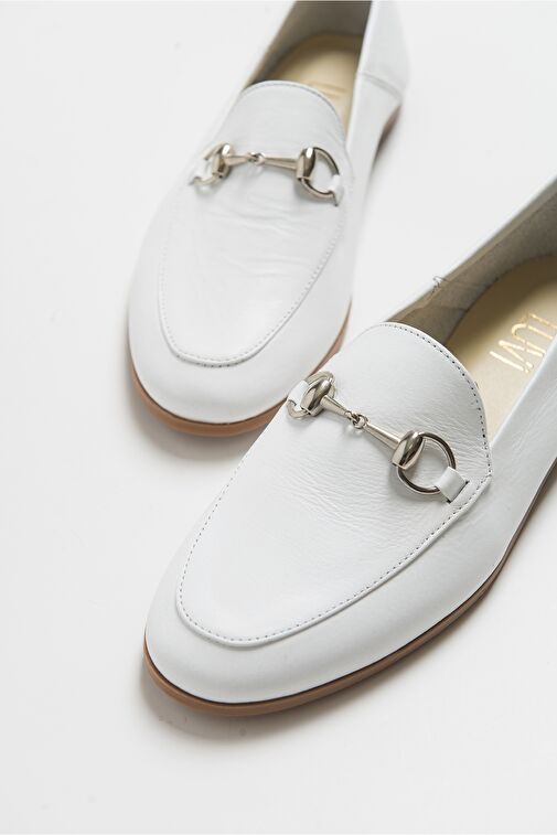 F03 Beyaz Cilt Hakiki Deri Kadın Loafer Ayakkabı - Görsel 3