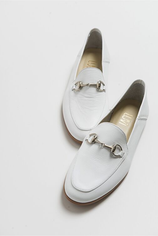 F03 Beyaz Cilt Hakiki Deri Kadın Loafer Ayakkabı - Görsel 4