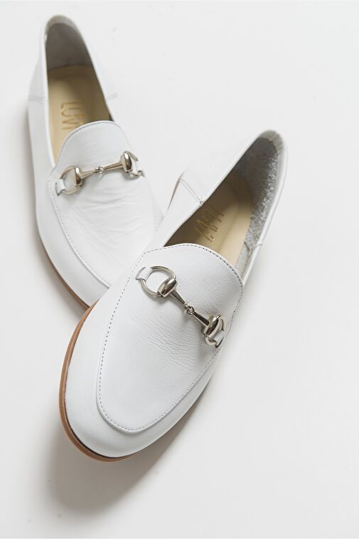 F03 Beyaz Cilt Hakiki Deri Kadın Loafer Ayakkabı - Görsel 6