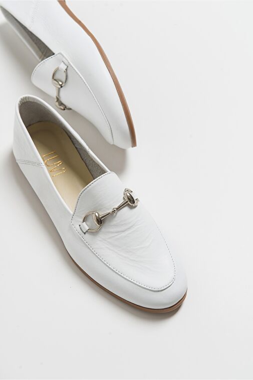F03 Beyaz Cilt Hakiki Deri Kadın Loafer Ayakkabı - Görsel 7