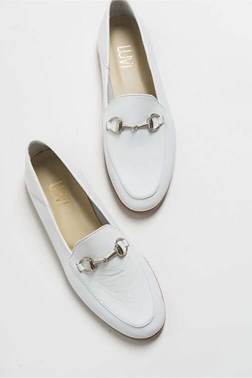 F03 Beyaz Cilt Hakiki Deri Kadın Loafer Ayakkabı - Görsel 8