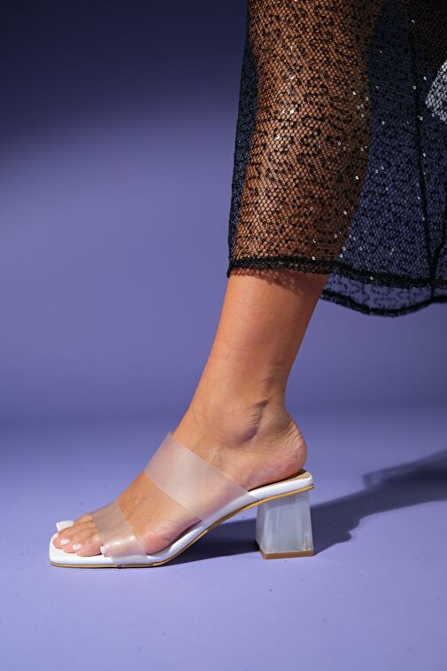 123 Beyaz Cilt Topuklu Şeffaf Kadın Terlik - Görsel 6