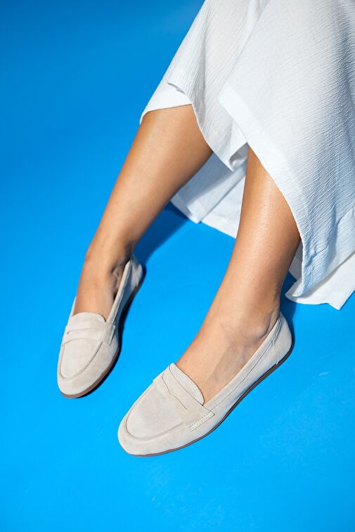 F02 Bej Süet Hakiki Deri Kadın Loafer Ayakkabı - Görsel 3