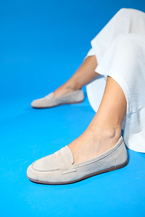 F02 Bej Süet Hakiki Deri Kadın Loafer Ayakkabı - Görsel 4