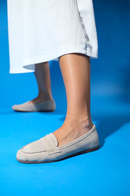 F02 Bej Süet Hakiki Deri Kadın Loafer Ayakkabı - Görsel 2
