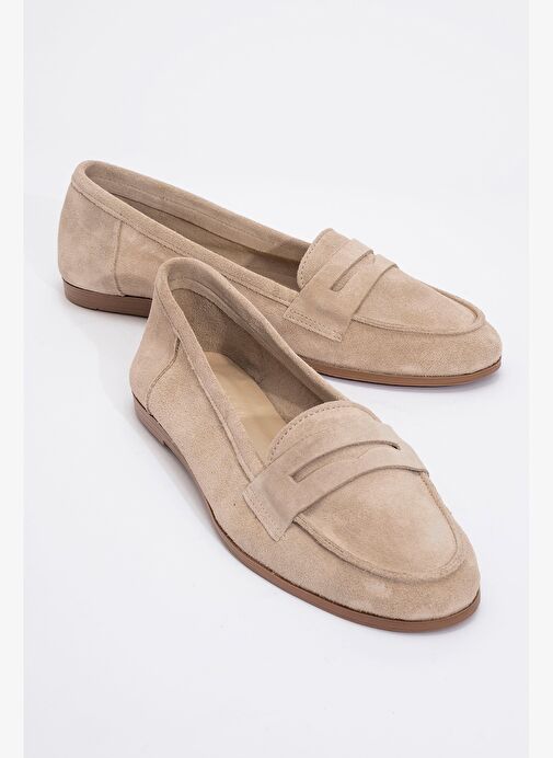 TORY Bej Süet Hakiki Deri Kadın Loafer Ayakkabı - Görsel 2