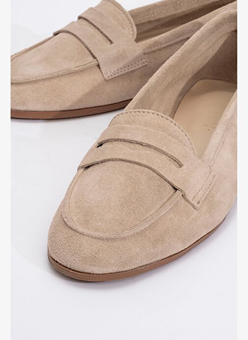 TORY Bej Süet Hakiki Deri Kadın Loafer Ayakkabı - Görsel 4
