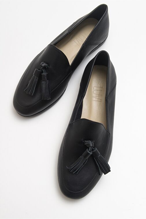 F04 Siyah Cilt Hakiki Deri Püsküllü Kadın Loafer Ayakkabı - Görsel 4