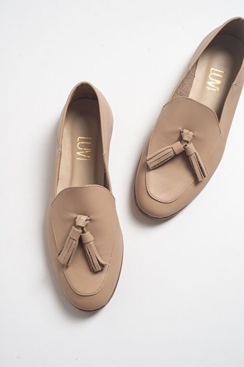 F04 Bisküvi Cilt Hakiki Deri Püsküllü Kadın Loafer Ayakkabı - Görsel 3