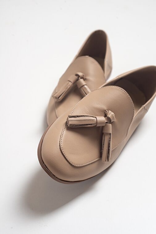 F04 Bisküvi Cilt Hakiki Deri Püsküllü Kadın Loafer Ayakkabı - Görsel 5