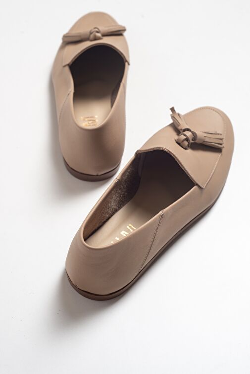 F04 Bisküvi Cilt Hakiki Deri Püsküllü Kadın Loafer Ayakkabı - Görsel 6