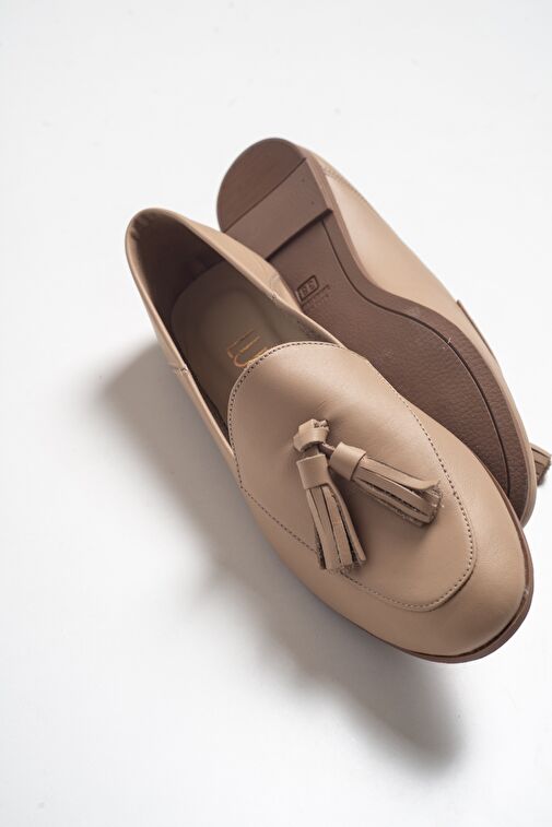 F04 Bisküvi Cilt Hakiki Deri Püsküllü Kadın Loafer Ayakkabı - Görsel 7