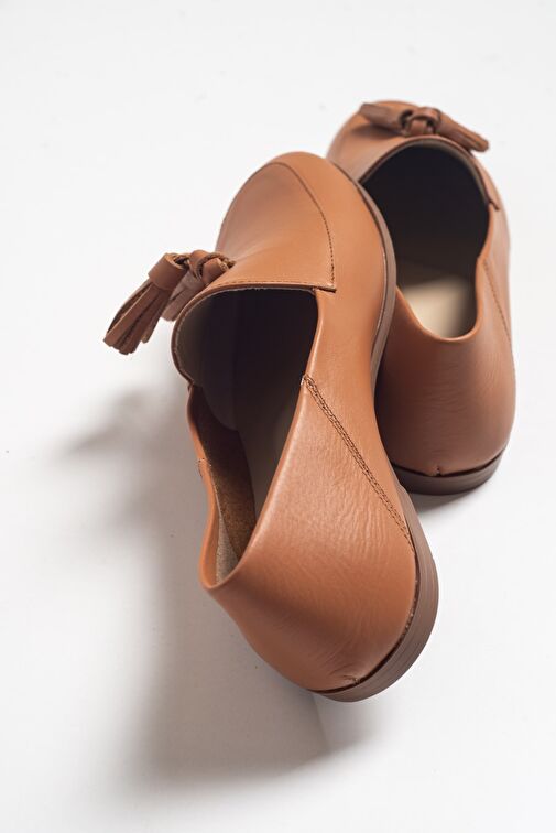 F04 Taba Cilt Hakiki Deri Püsküllü Kadın Loafer Ayakkabı - Görsel 9