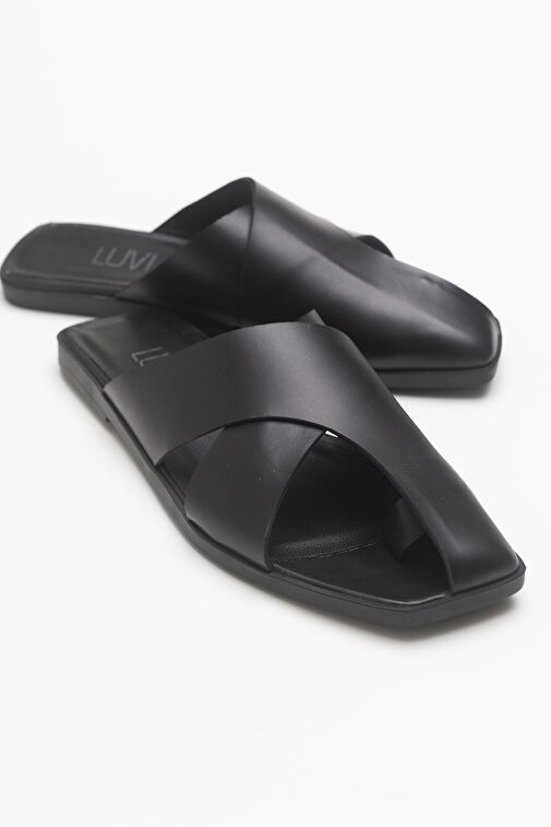 LAND Siyah Cilt Hakiki Deri Kadın Terlik - Görsel 2