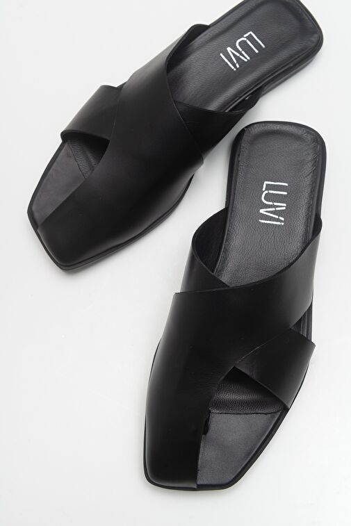 LAND Siyah Cilt Hakiki Deri Kadın Terlik - Görsel 3