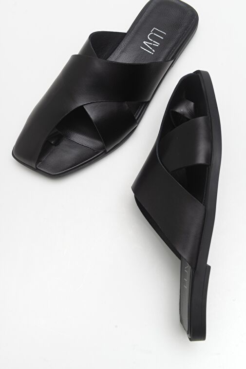 LAND Siyah Cilt Hakiki Deri Kadın Terlik - Görsel 4