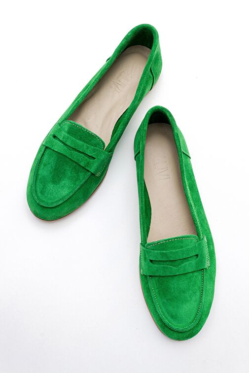 F02 Çim Yeşili Süet Hakiki Deri Kadın Loafer Ayakkabı - Görsel 3