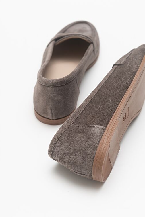 F02 Vizon Süet Hakiki Deri Kadın Loafer Ayakkabı - Görsel 4