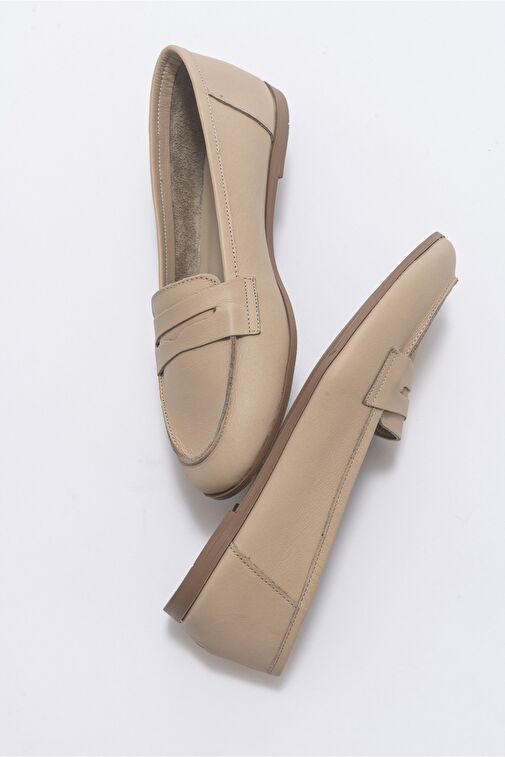 F02 Biskuvi Cilt Hakiki Deri Kadın Loafer Ayakkabı - Görsel 4