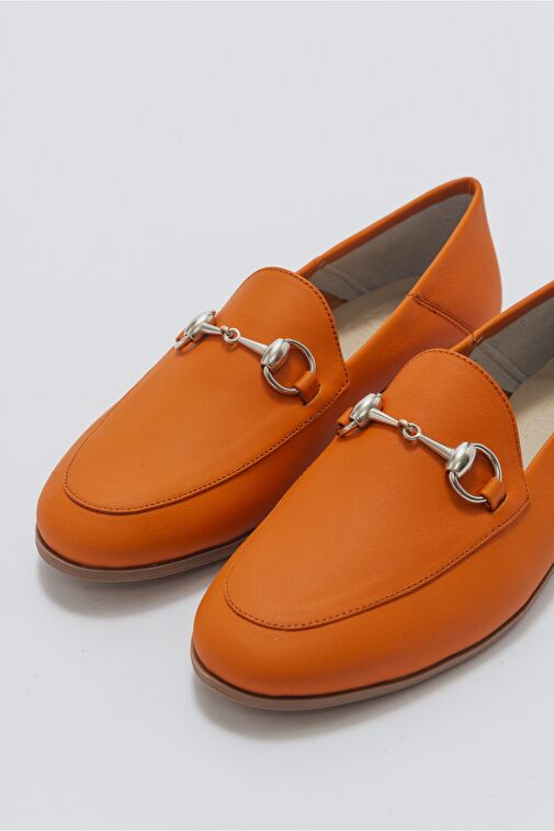 F03 Turuncu Cilt Hakiki Deri Kadın Loafer Ayakkabı - Görsel 4