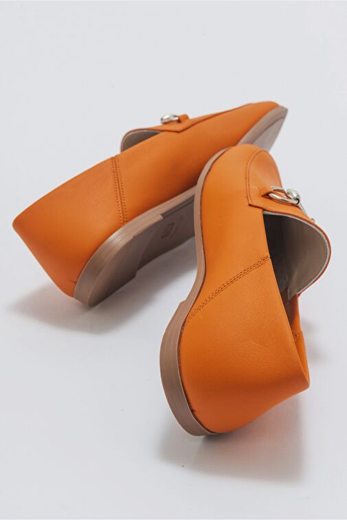 F03 Turuncu Cilt Hakiki Deri Kadın Loafer Ayakkabı - Görsel 5