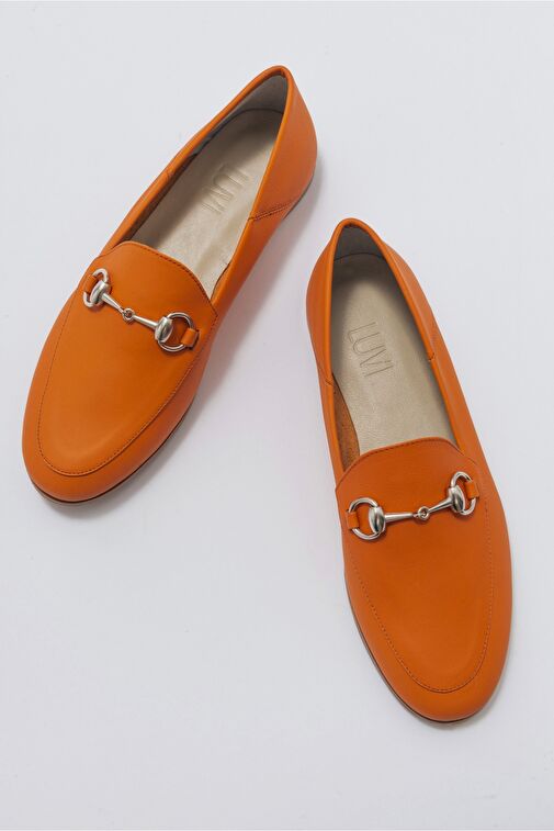 F03 Turuncu Cilt Hakiki Deri Kadın Loafer Ayakkabı - Görsel 6
