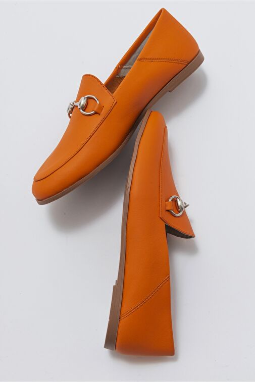 F03 Turuncu Cilt Hakiki Deri Kadın Loafer Ayakkabı - Görsel 7