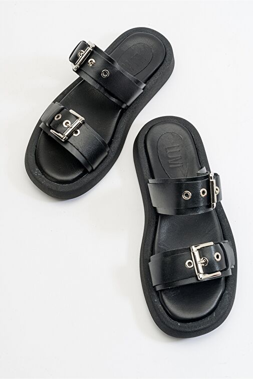 FİNEZZA Siyah Hakiki Deri Kadın Çift Bantlı Düz Terlik - Görsel 3