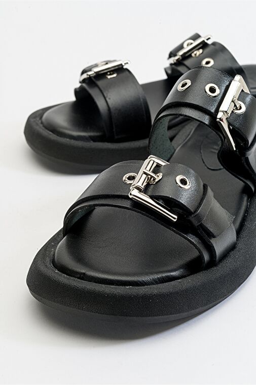 FİNEZZA Siyah Hakiki Deri Kadın Çift Bantlı Düz Terlik - Görsel 5