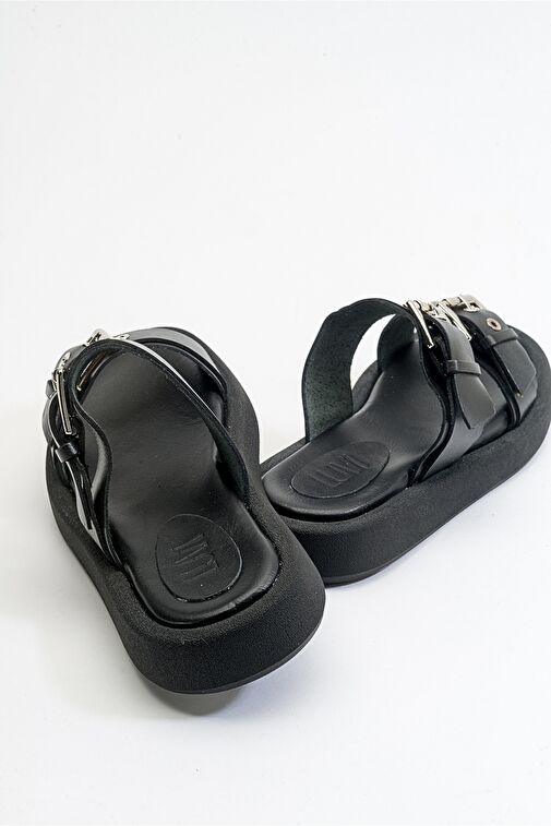 FİNEZZA Siyah Hakiki Deri Kadın Çift Bantlı Düz Terlik - Görsel 6