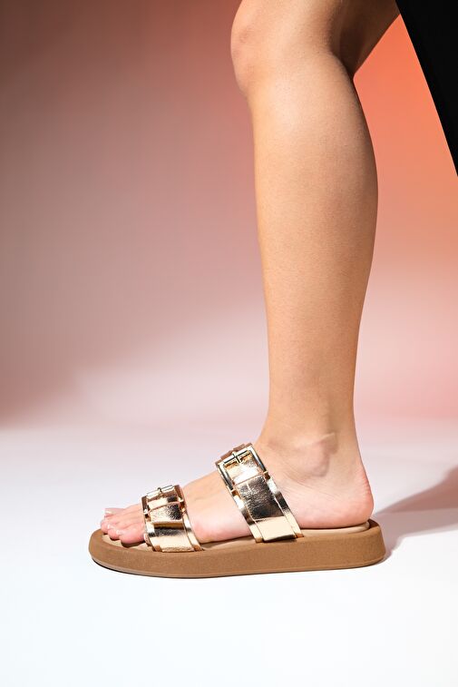 FİNEZZA Rose Kristal Hakiki Deri Kadın Çift Bantlı Düz Terlik - Görsel 2