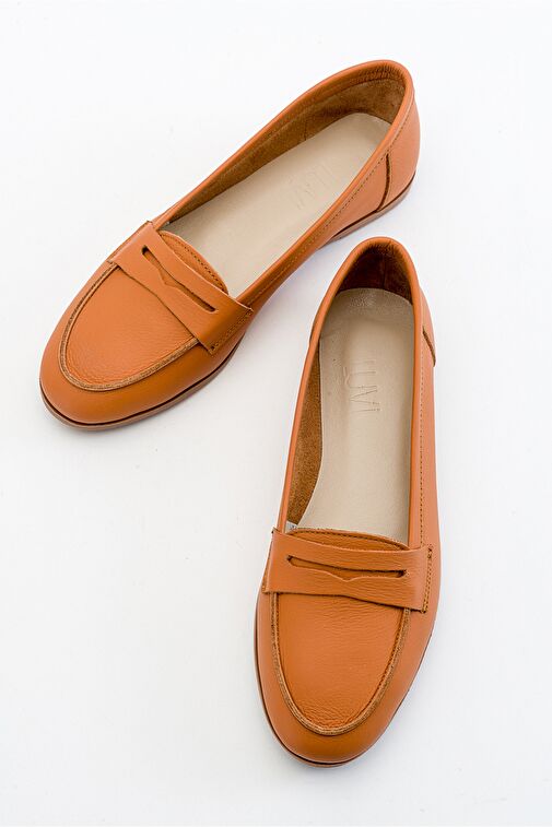 F02 Taba Cilt Hakiki Deri Kadın Loafer Ayakkabı - Görsel 5