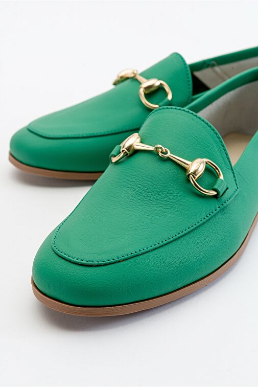 F03 Koyu Yeşil Cilt Hakiki Deri Kadın Loafer Ayakkabı - Görsel 4