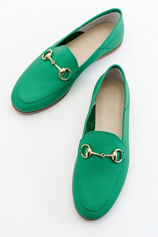 F03 Koyu Yeşil Cilt Hakiki Deri Kadın Loafer Ayakkabı - Görsel 6