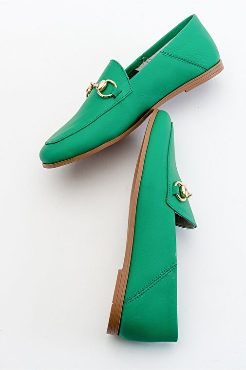 F03 Koyu Yeşil Cilt Hakiki Deri Kadın Loafer Ayakkabı - Görsel 7