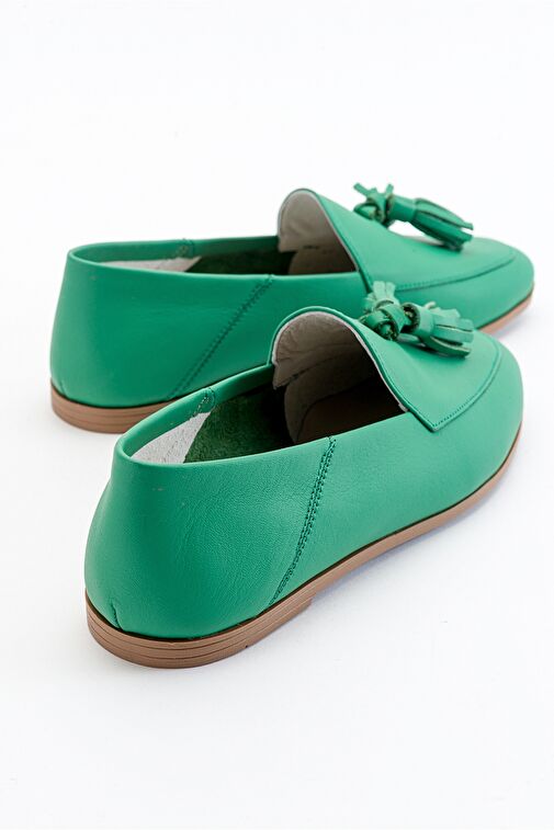 F04 Koyu Yeşil Cilt Hakiki Deri Püsküllü Kadın Loafer Ayakkabı - Görsel 4