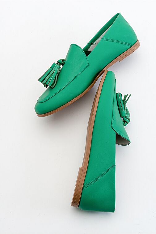 F04 Koyu Yeşil Cilt Hakiki Deri Püsküllü Kadın Loafer Ayakkabı - Görsel 5