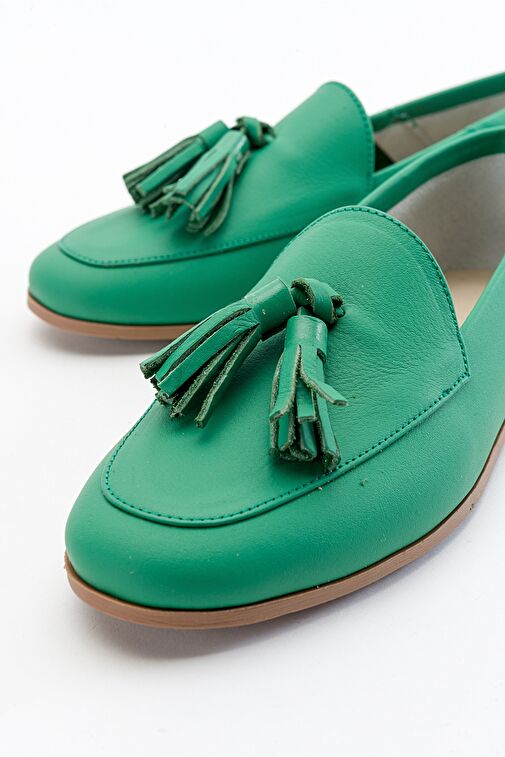 F04 Koyu Yeşil Cilt Hakiki Deri Püsküllü Kadın Loafer Ayakkabı - Görsel 6